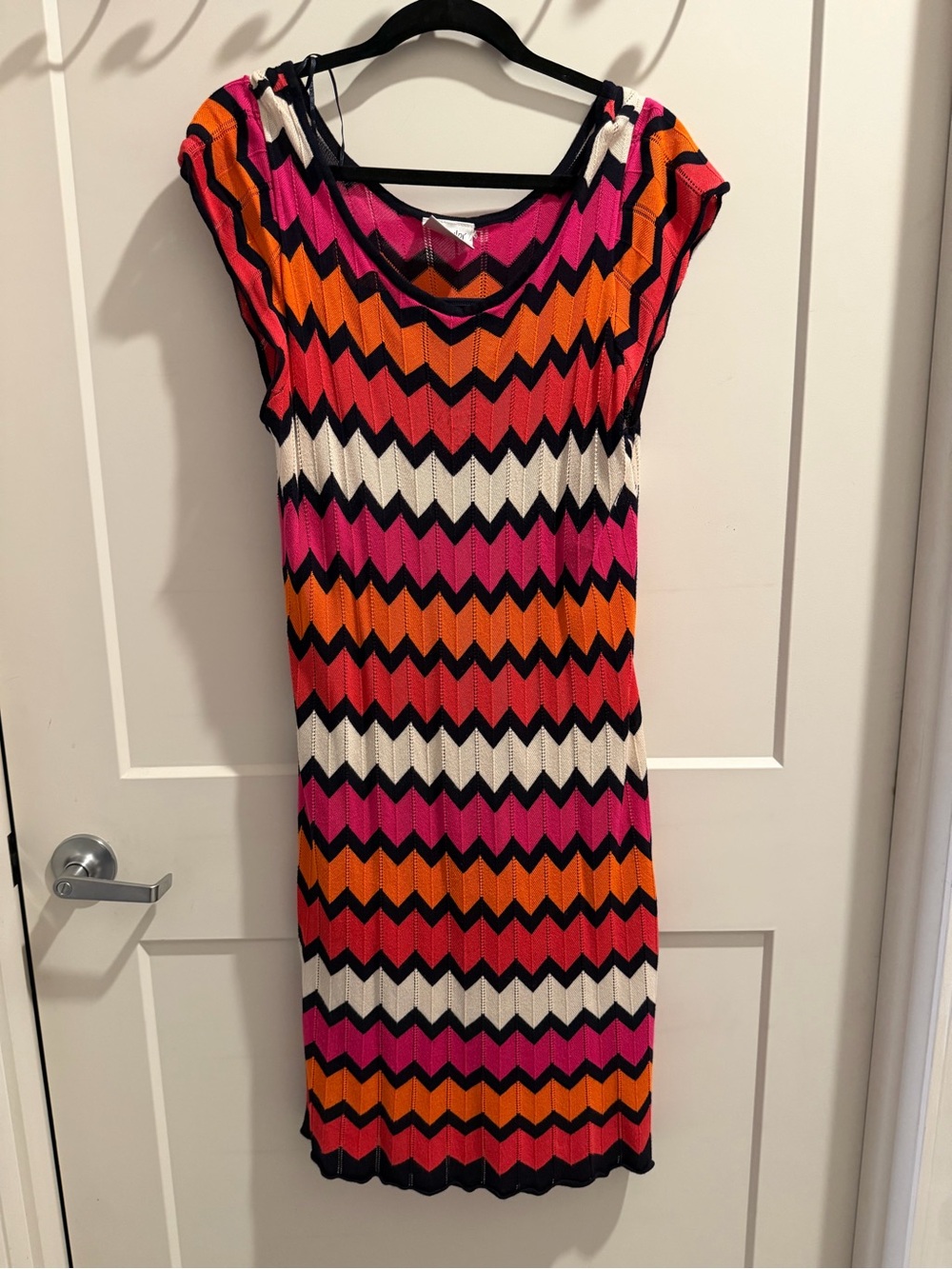 Vibrant Chevron Knit Dress in Pink, Orange & Cream